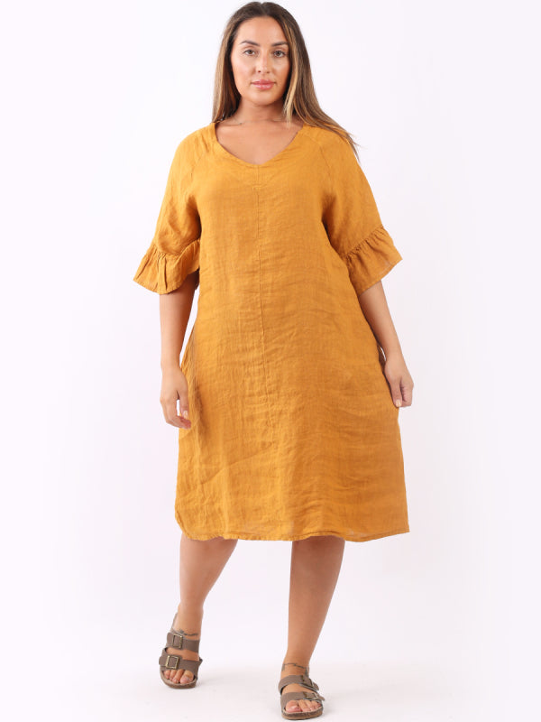 Bell Arm Solid Linen Summer Midi Dress