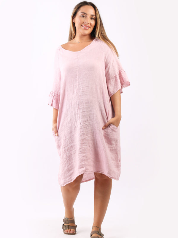 Bell Arm Solid Linen Summer Midi Dress