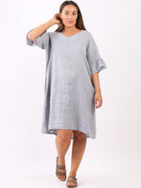 Bell Arm Solid Linen Summer Midi Dress