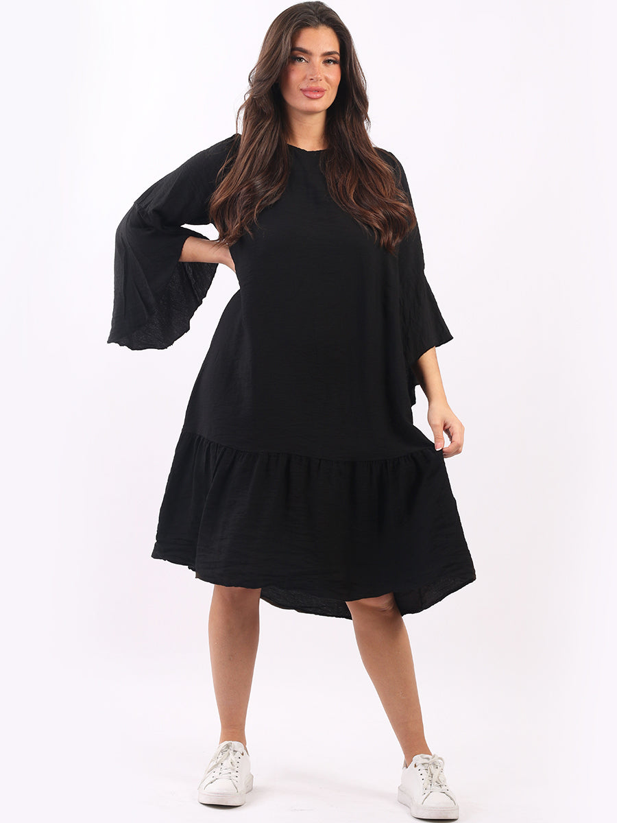 Ladies Plain Bell Sleeves Frilled Swing Midi Dress