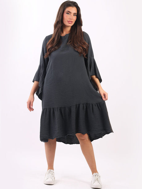 Ladies Plain Bell Sleeves Frilled Swing Midi Dress