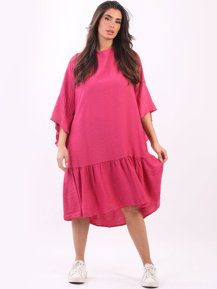 Ladies Plain Bell Sleeves Frilled Swing Midi Dress