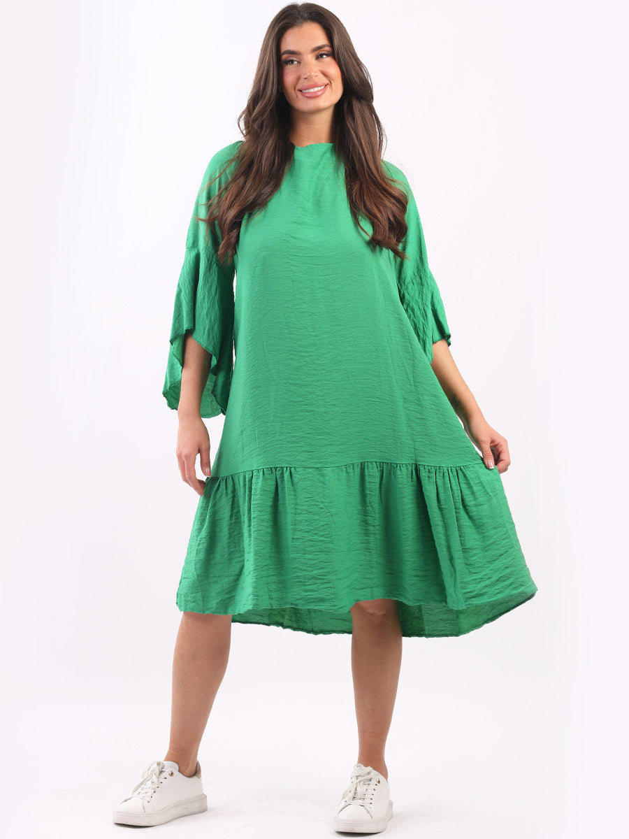 Ladies Plain Bell Sleeves Frilled Swing Midi Dress Green One Size UK 10 16