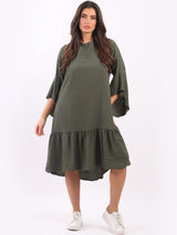 Ladies Plain Bell Sleeves Frilled Swing Midi Dress