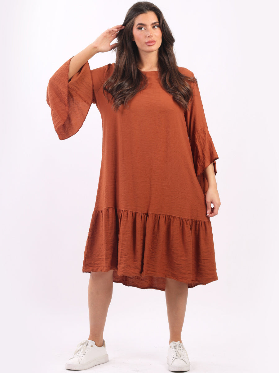 Ladies Plain Bell Sleeves Frilled Swing Midi Dress