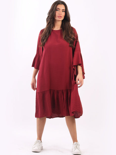 Ladies Plain Bell Sleeves Frilled Swing Midi Dress