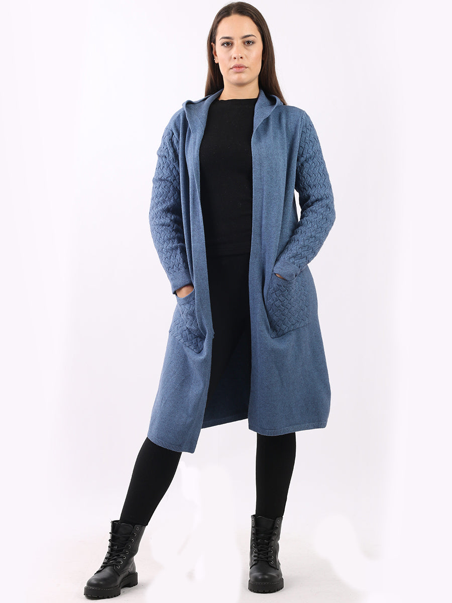 Ladies Plain Open Front Cable Knit Hooded Drape Cardigan Denim One Size UK 10 16