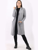 Ladies Plain Open Front Cable Knit Hooded Drape Cardigan