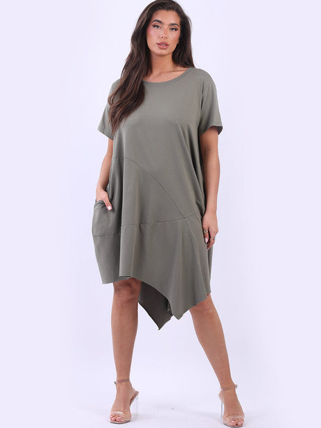 Women Plain Cotton Asymmetric Hem Slouchy Midi Dress