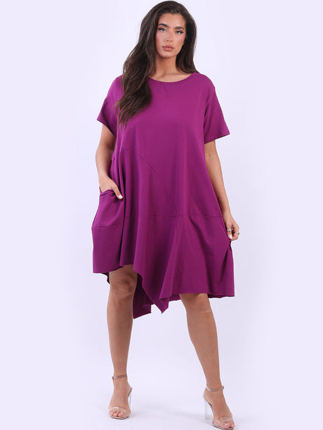 Women Plain Cotton Asymmetric Hem Slouchy Midi Dress