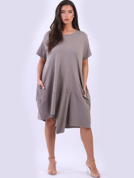 Women Plain Cotton Asymmetric Hem Slouchy Midi Dress