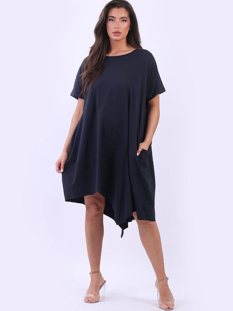 Women Plain Cotton Asymmetric Hem Slouchy Midi Dress