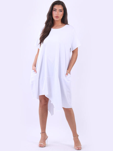 Women Plain Cotton Asymmetric Hem Slouchy Midi Dress