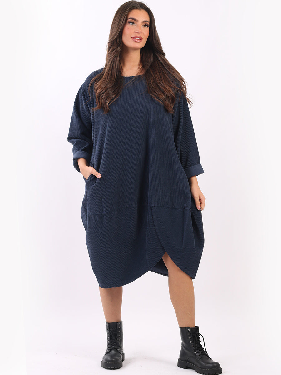 Ladies Plain Corduroy Tulip Hem Cotton Cocoon Dress