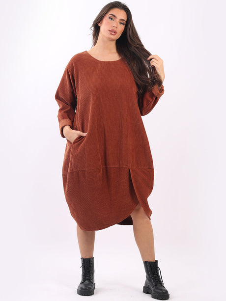 Ladies Plain Corduroy Tulip Hem Cotton Cocoon Dress