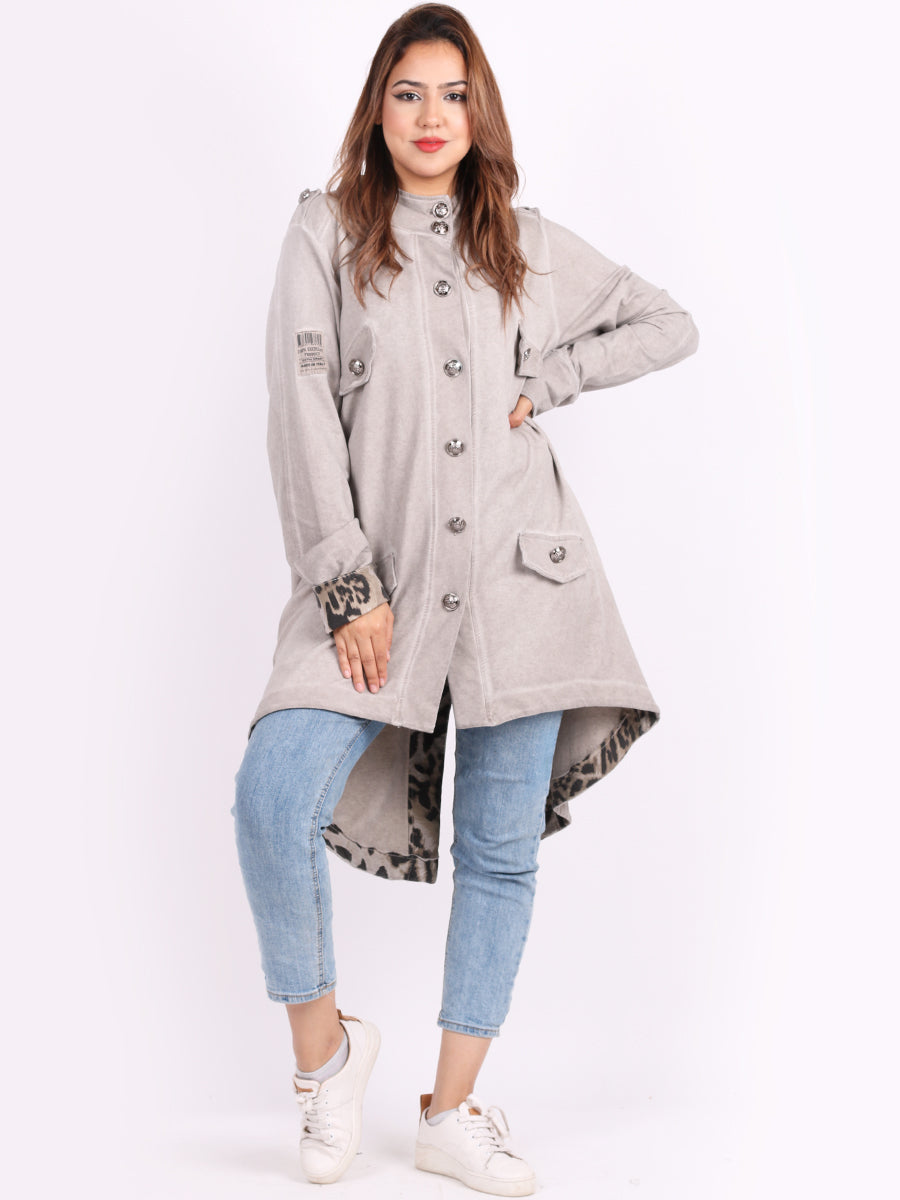 Plain Cotton Leopard Trim Hoodie Jacket