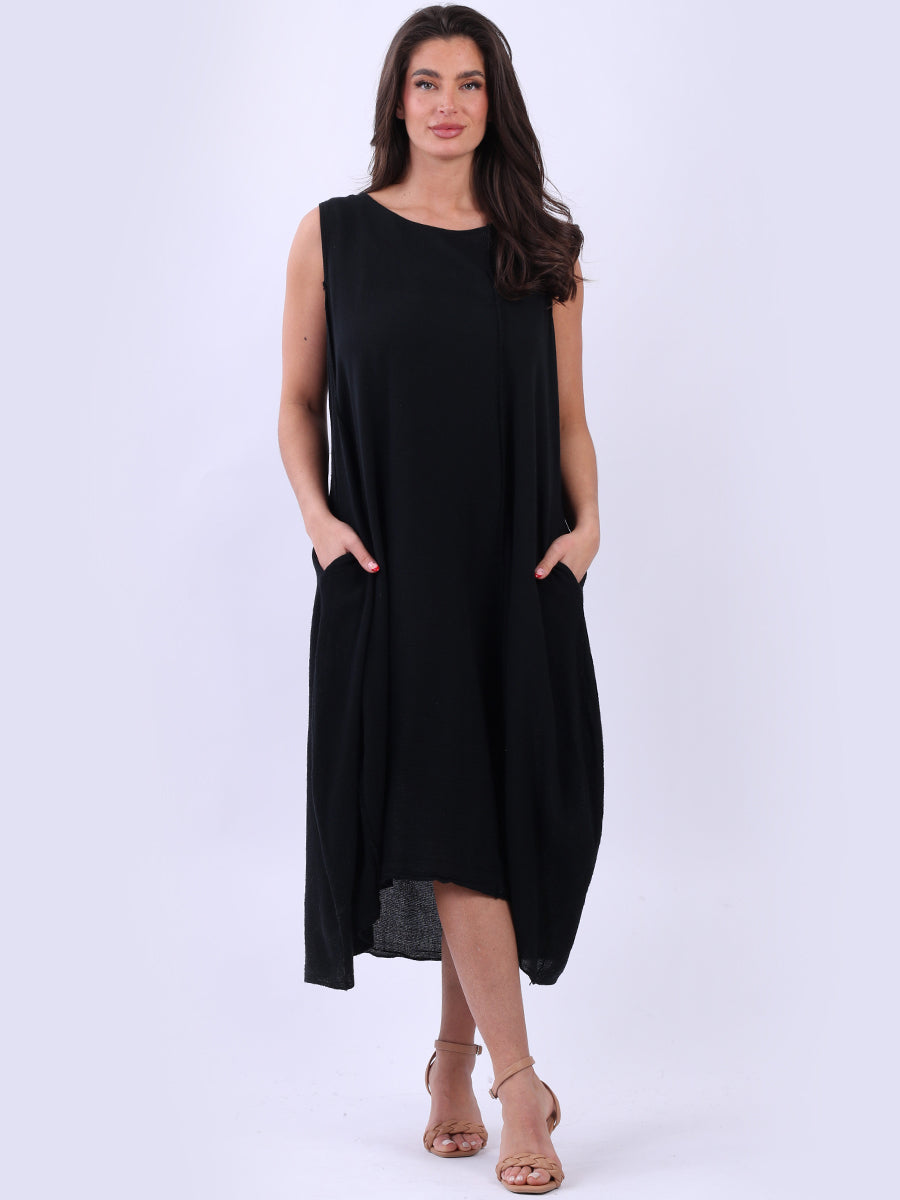 Plain Cotton Lagenlook Sleeveless Slouchy Dress Black One Size UK 12 18