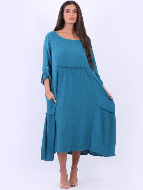 Women Oversized Ruched Lagenlook Midi Cotton Swing Dress