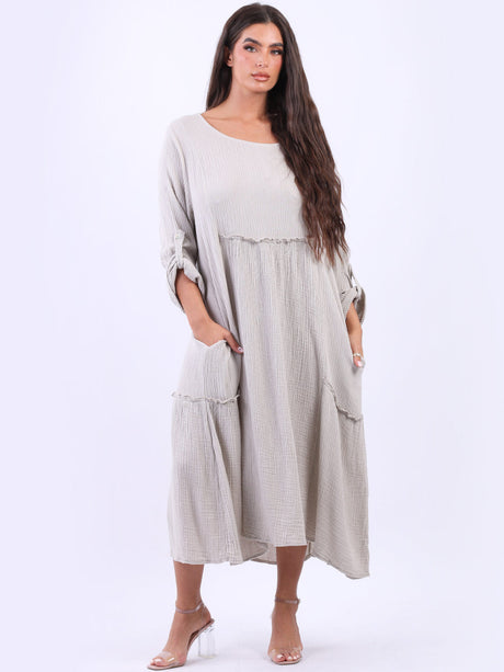 Women Oversized Ruched Lagenlook Midi Cotton Swing Dress