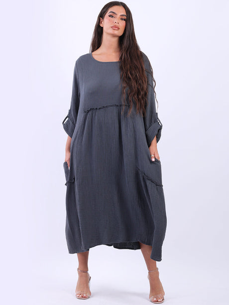 Women Oversized Ruched Lagenlook Midi Cotton Swing Dress