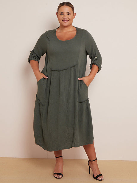 Women Oversized Ruched Lagenlook Midi Cotton Swing Dress