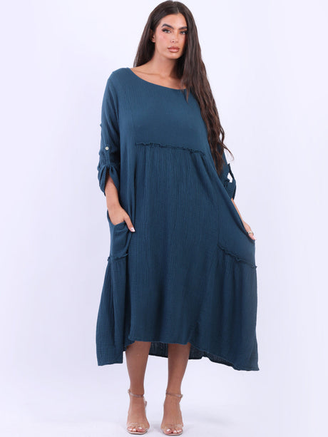 Women Oversized Ruched Lagenlook Midi Cotton Swing Dress