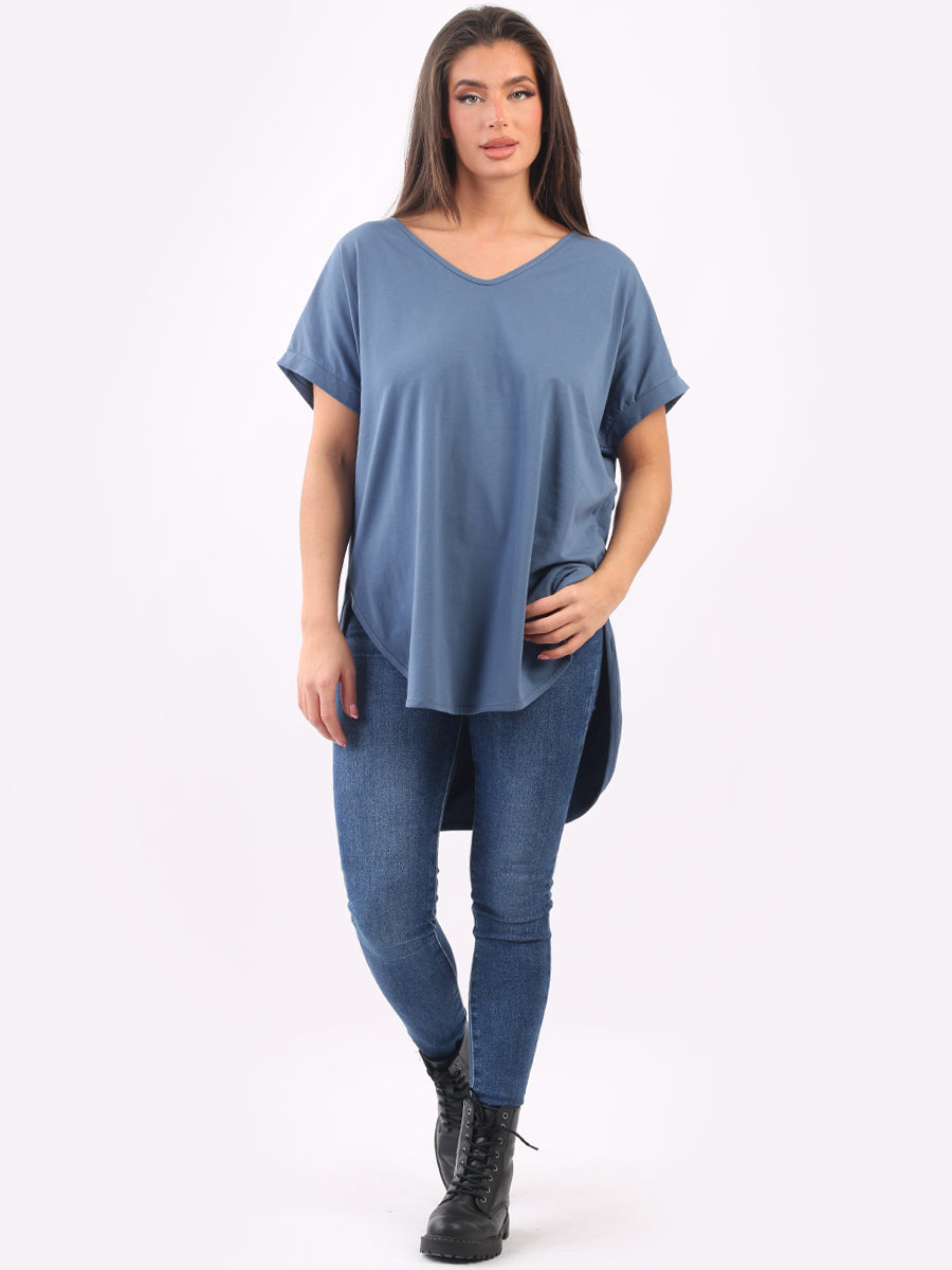 Plain Cotton V-Neck Top Denim