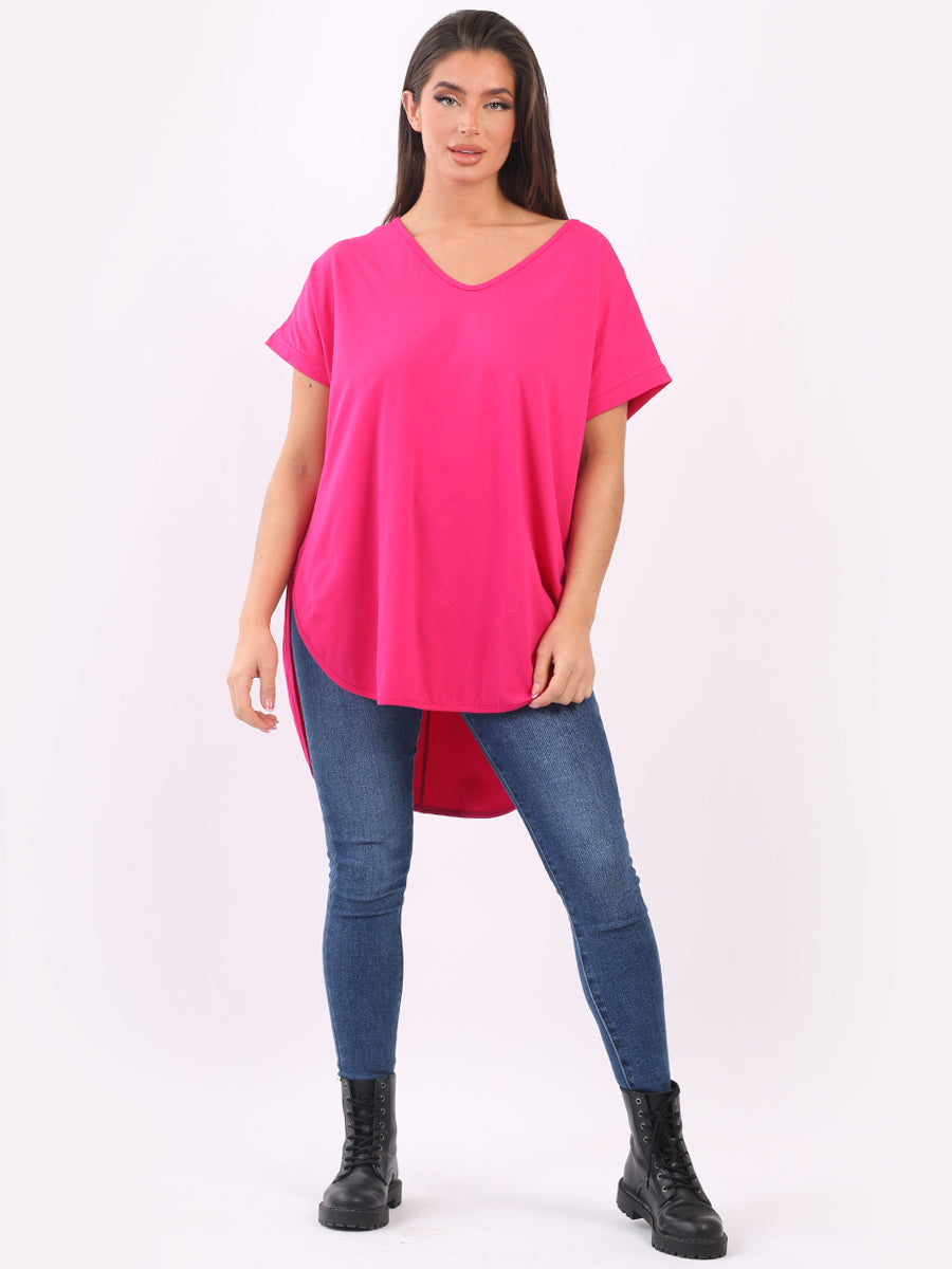 Plain Cotton V-Neck Top Fuchsia