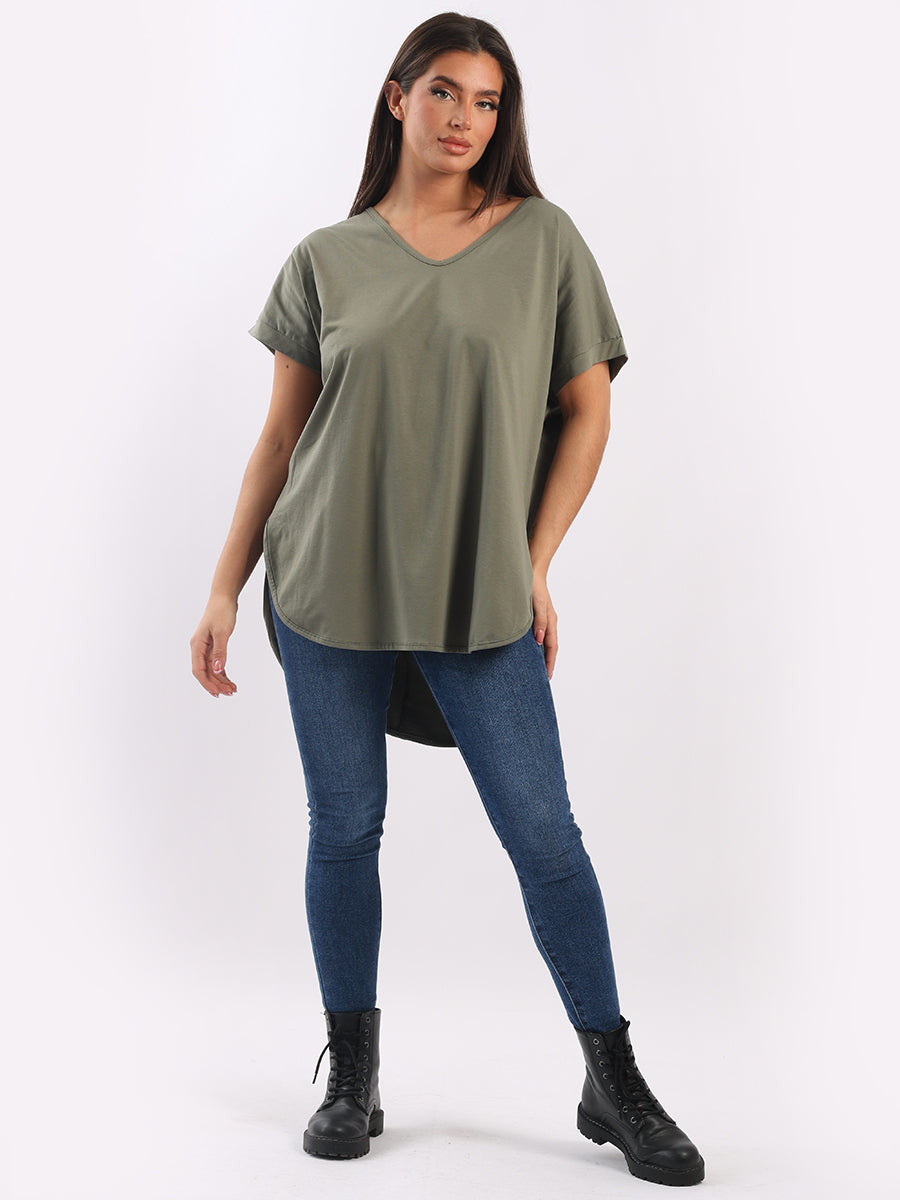 Plain Cotton V-Neck Top Khaki