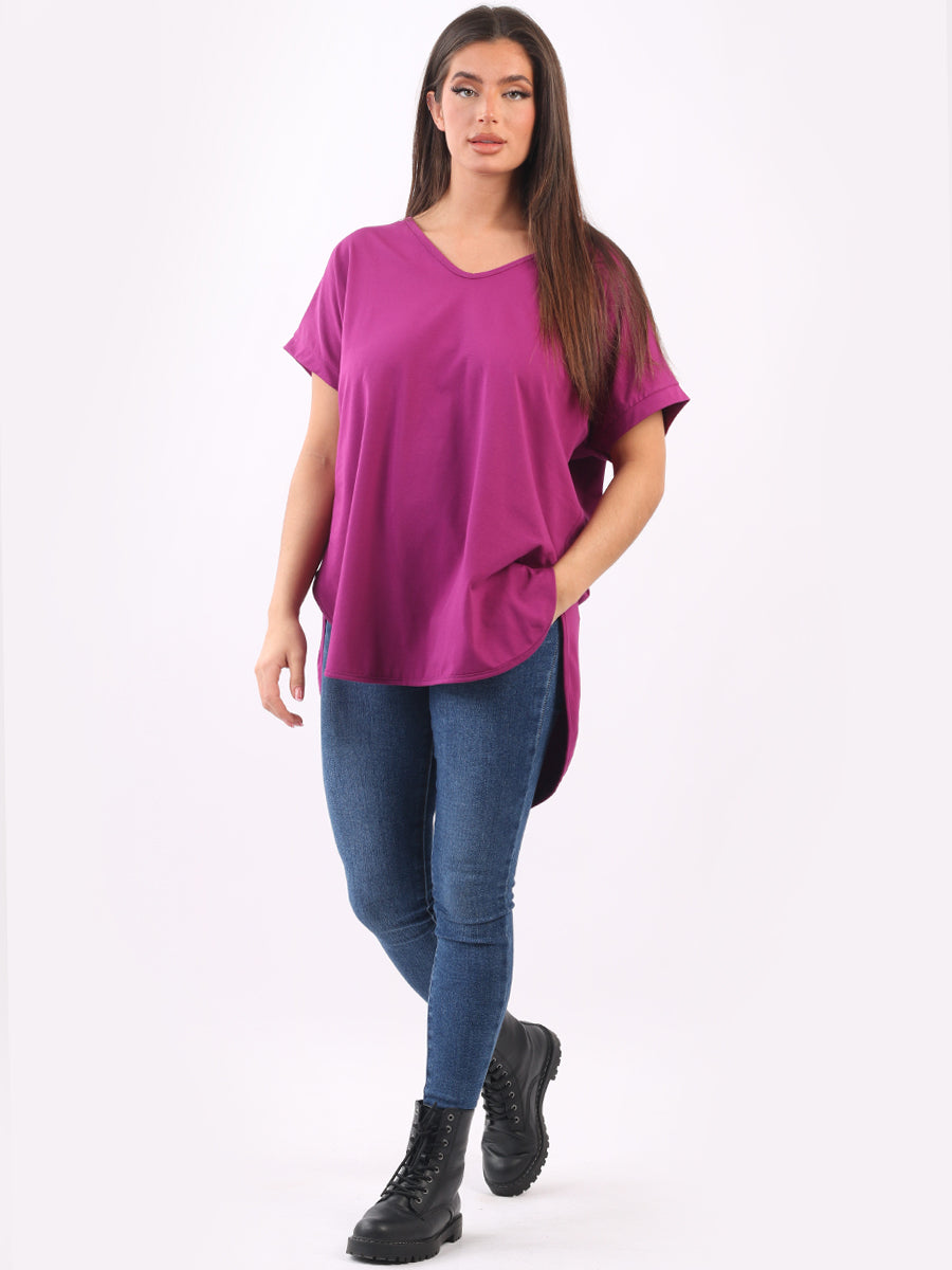Plain Cotton V-Neck Top Magenta