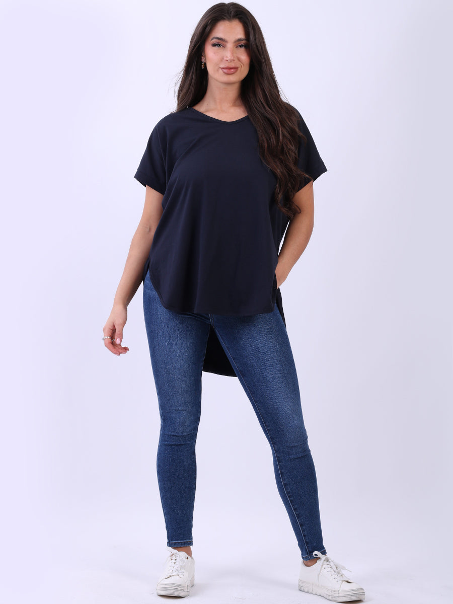 Plain Cotton V-Neck Top Navy