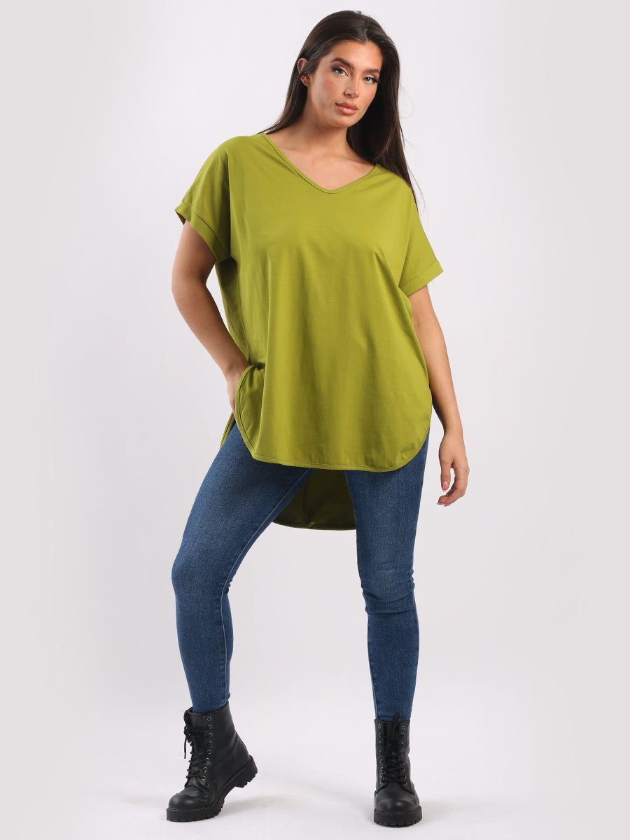 Plain Cotton V-Neck Top Olive
