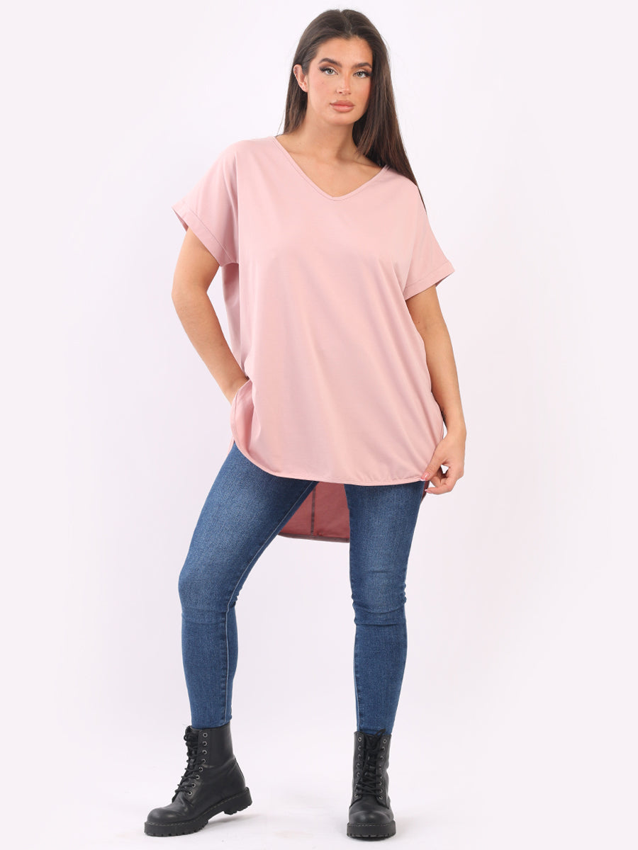 Plain Cotton V-Neck Top Pink