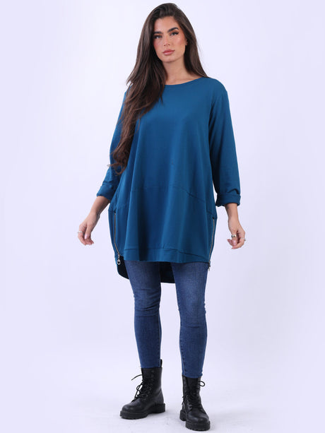 Ladies Plus Size Zipped Hem Italian Cotton Top