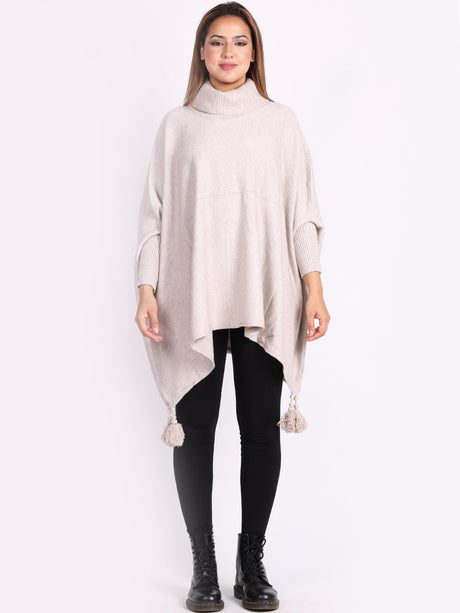 Ladies Plain Cowl Neck Batwing Tassels Poncho