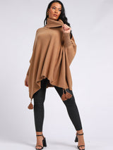 Ladies Plain Cowl Neck Batwing Tassels Poncho