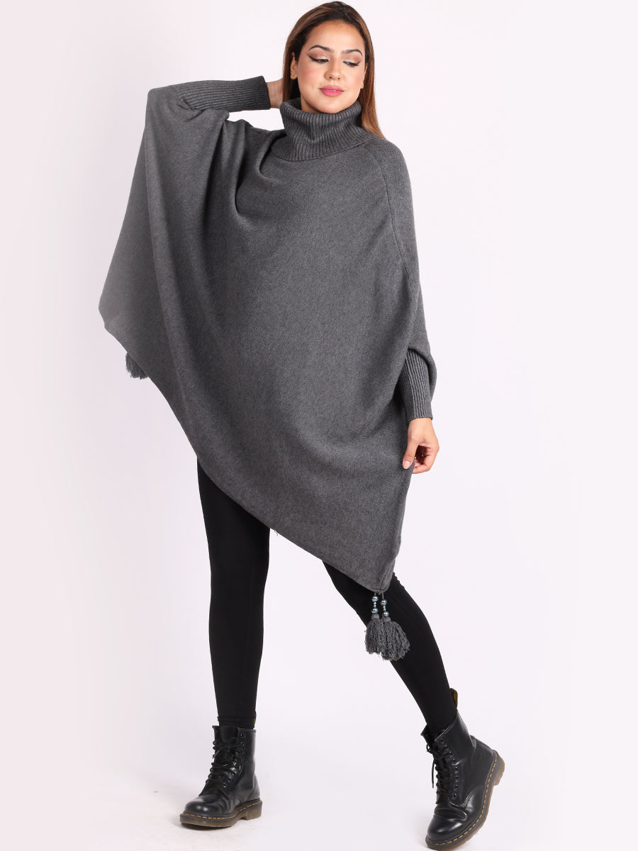 Ladies Plain Cowl Neck Batwing Tassels Poncho