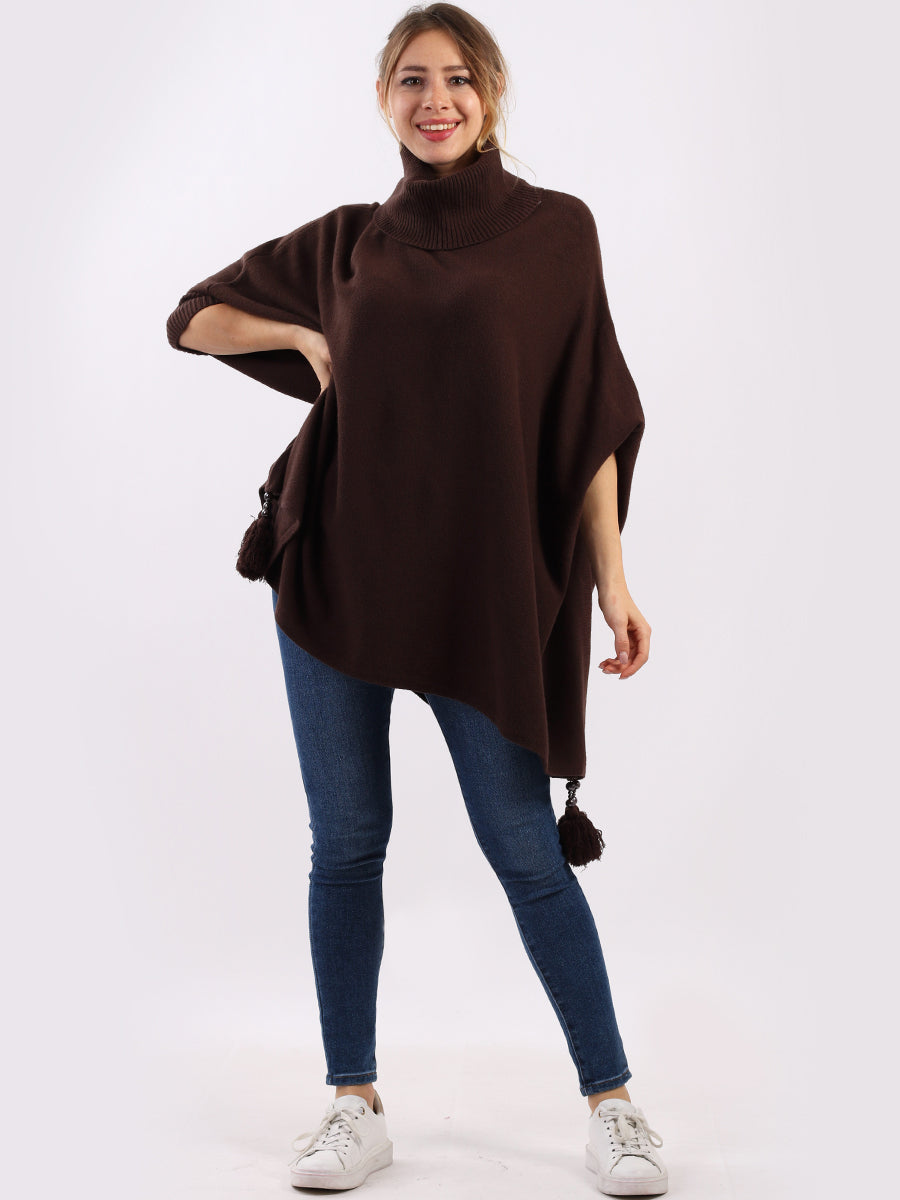 Ladies Plain Cowl Neck Batwing Tassels Poncho