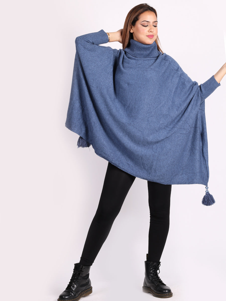 Ladies Plain Cowl Neck Batwing Tassels Poncho