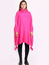 Ladies Plain Cowl Neck Batwing Tassels Poncho