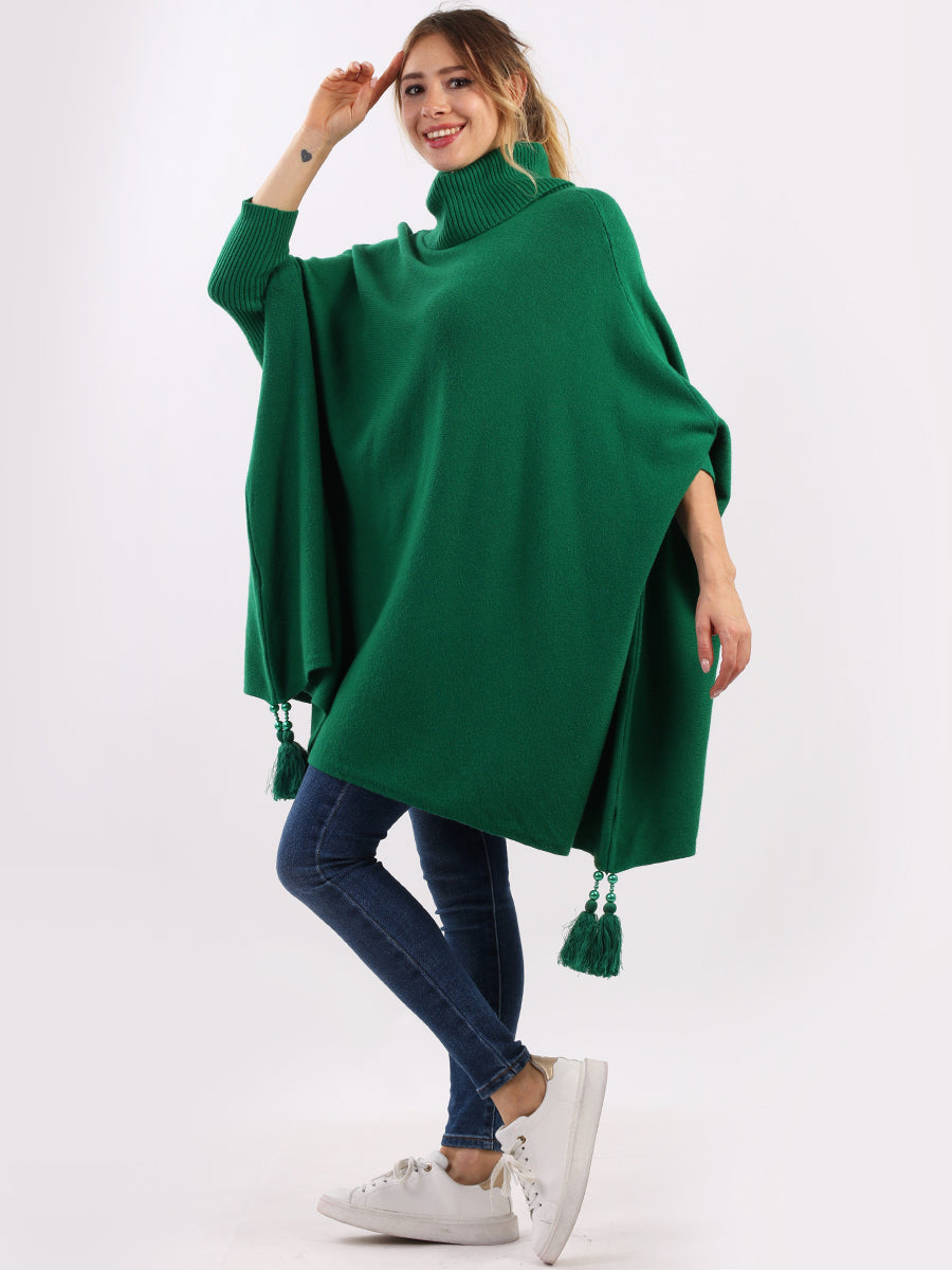 Ladies Plain Cowl Neck Batwing Tassels Poncho