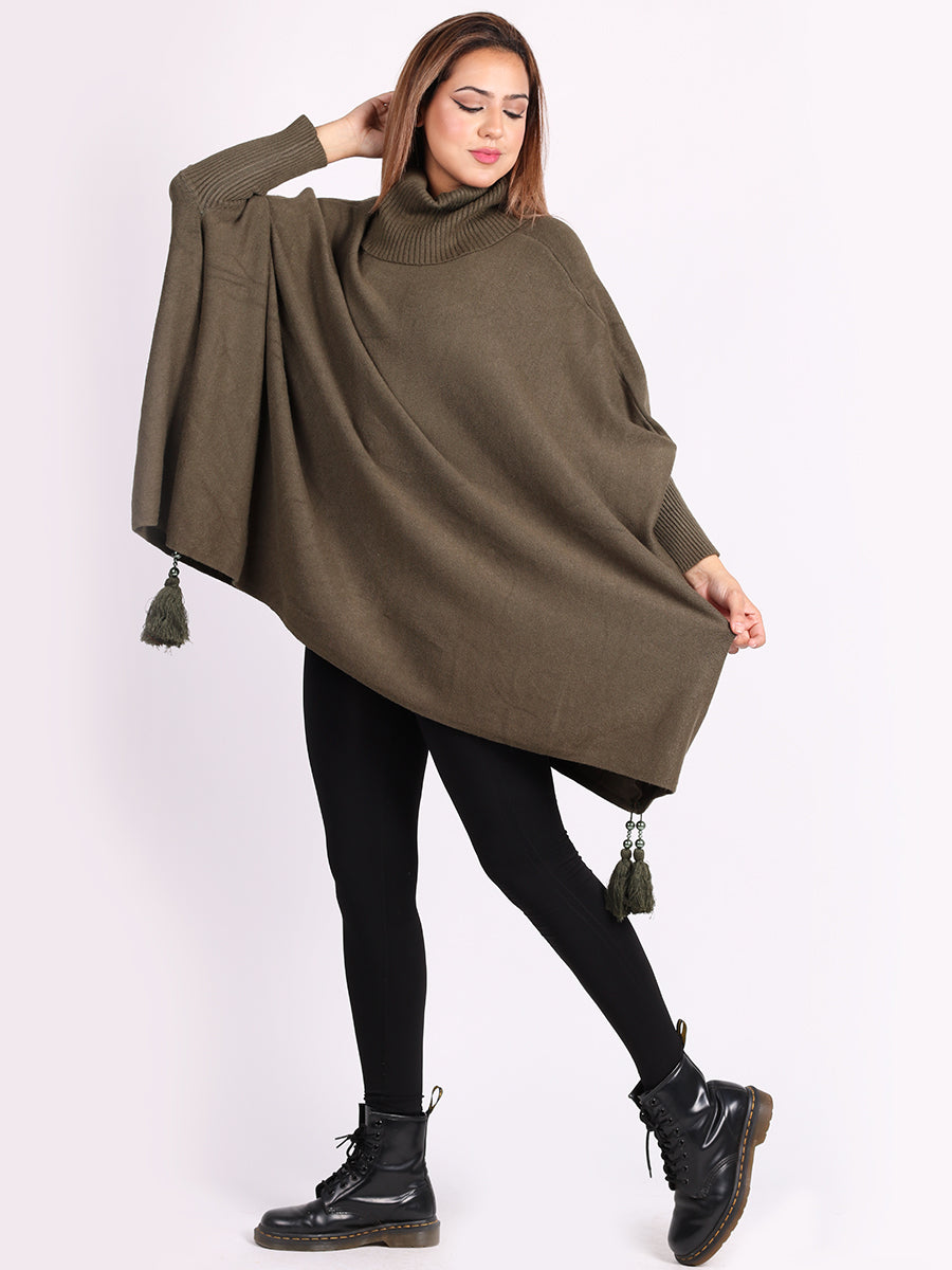 Ladies Plain Cowl Neck Batwing Tassels Poncho