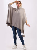 Ladies Plain Cowl Neck Batwing Tassels Poncho