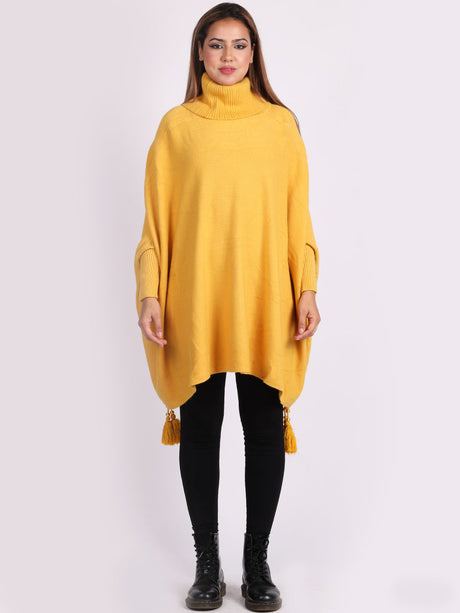 Ladies Plain Cowl Neck Batwing Tassels Poncho