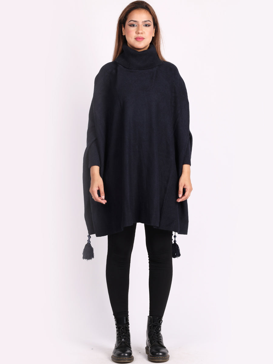 Ladies Plain Cowl Neck Batwing Tassels Poncho