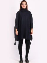 Ladies Plain Cowl Neck Batwing Tassels Poncho