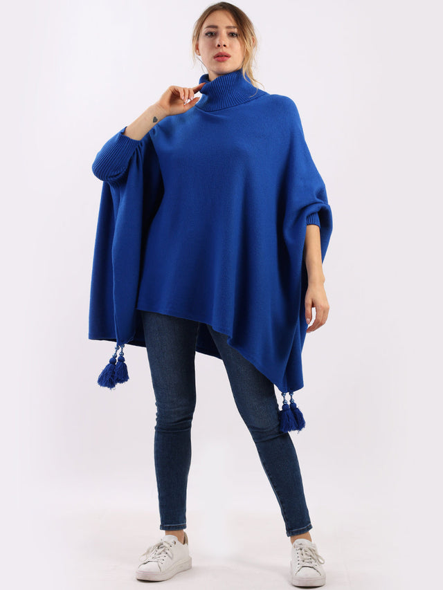 Italian Plain Cowl Neck Batwing Sleeves Tessels Tunic Poncho-Royal blue