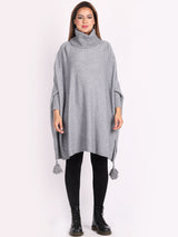 Ladies Plain Cowl Neck Batwing Tassels Poncho