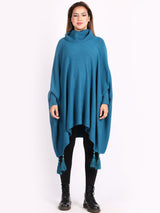 Ladies Plain Cowl Neck Batwing Tassels Poncho