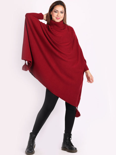 Ladies Plain Cowl Neck Batwing Tassels Poncho